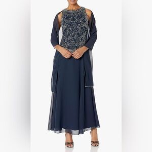J Kara Women's Plus Size Long Sleeveless Dress with Scarf Sz 12P navy blue